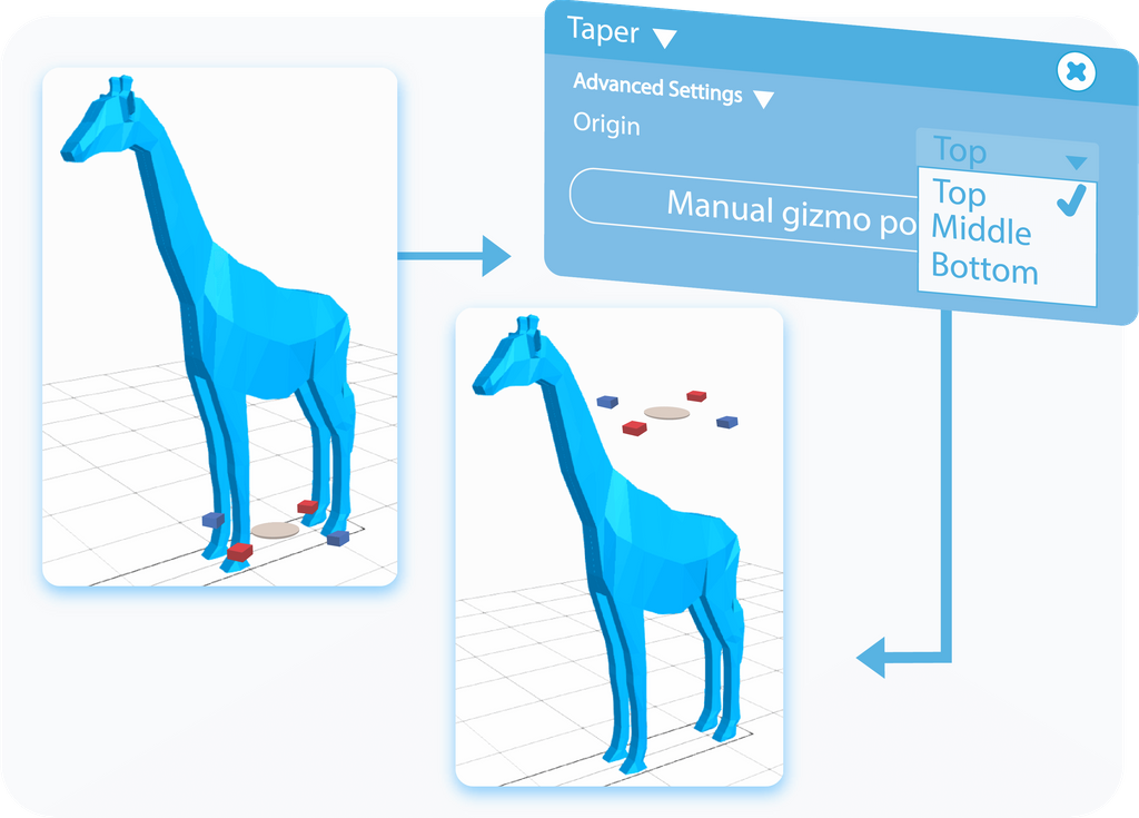 Customize the point of Origin of the Taper tool by selecting options from the drop-down list